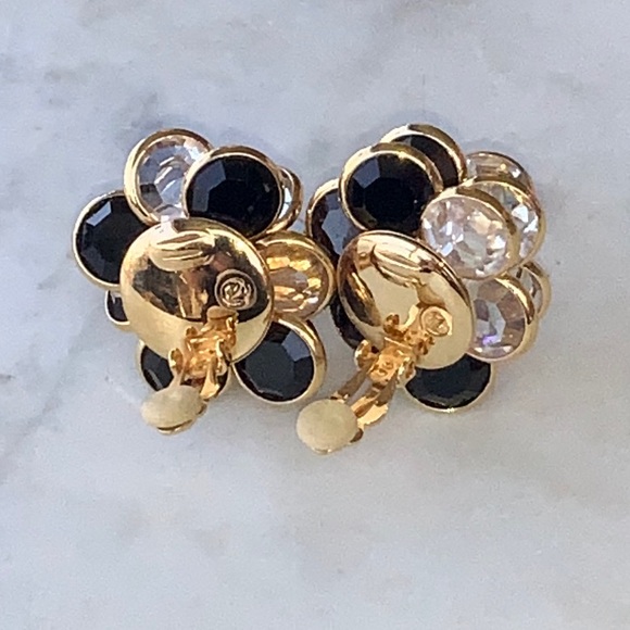 SWAROVSKI EARRINGS CLEAR & BLACK FACETED CRYSTAL GOLD MARKED SWAN CLIP VINTAGE - Picture 14 of 14